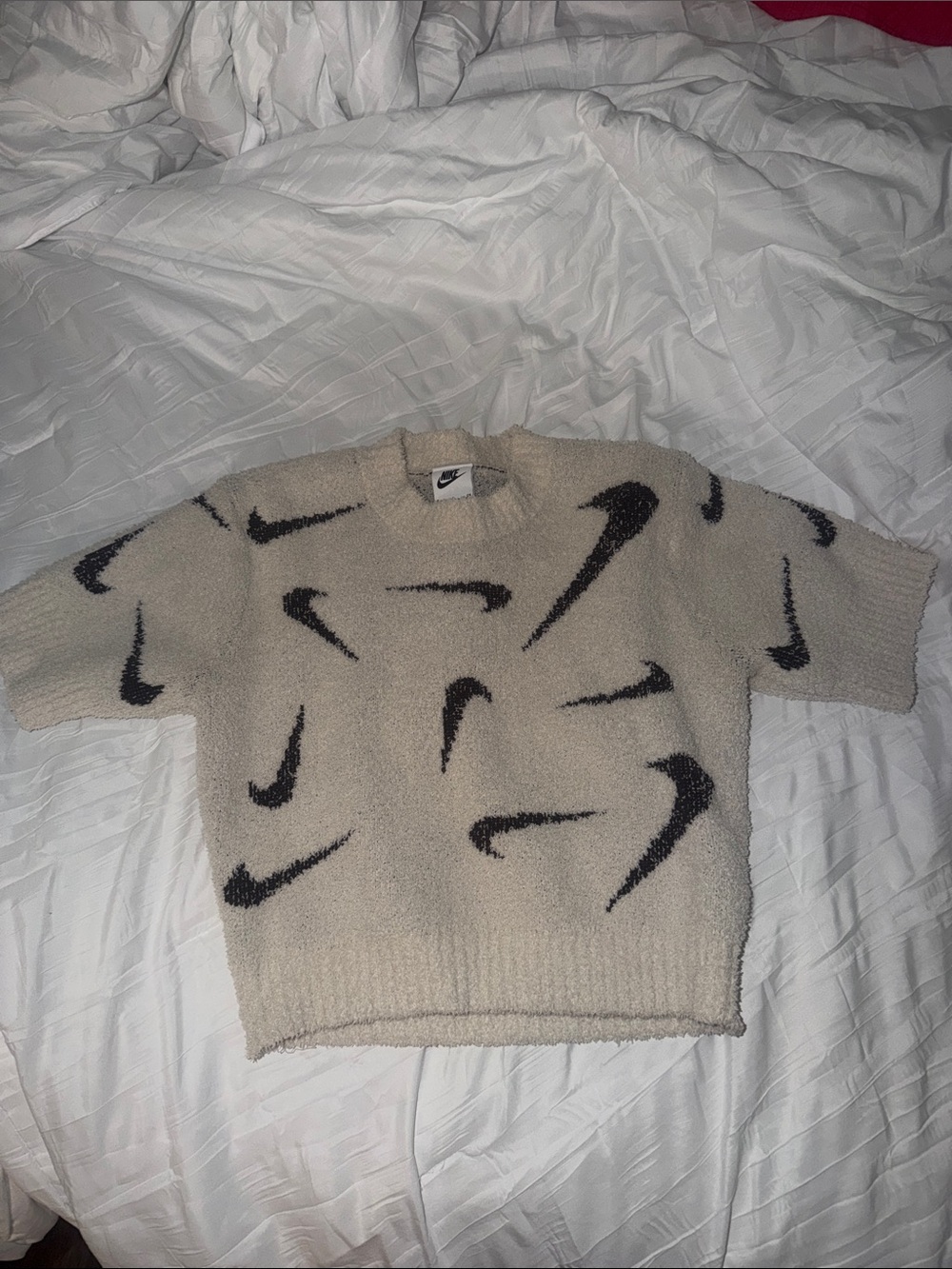 Nike Cream Short-Sleeve, Boucle Crew with Black Swoosh All Over! **PREOWNED**